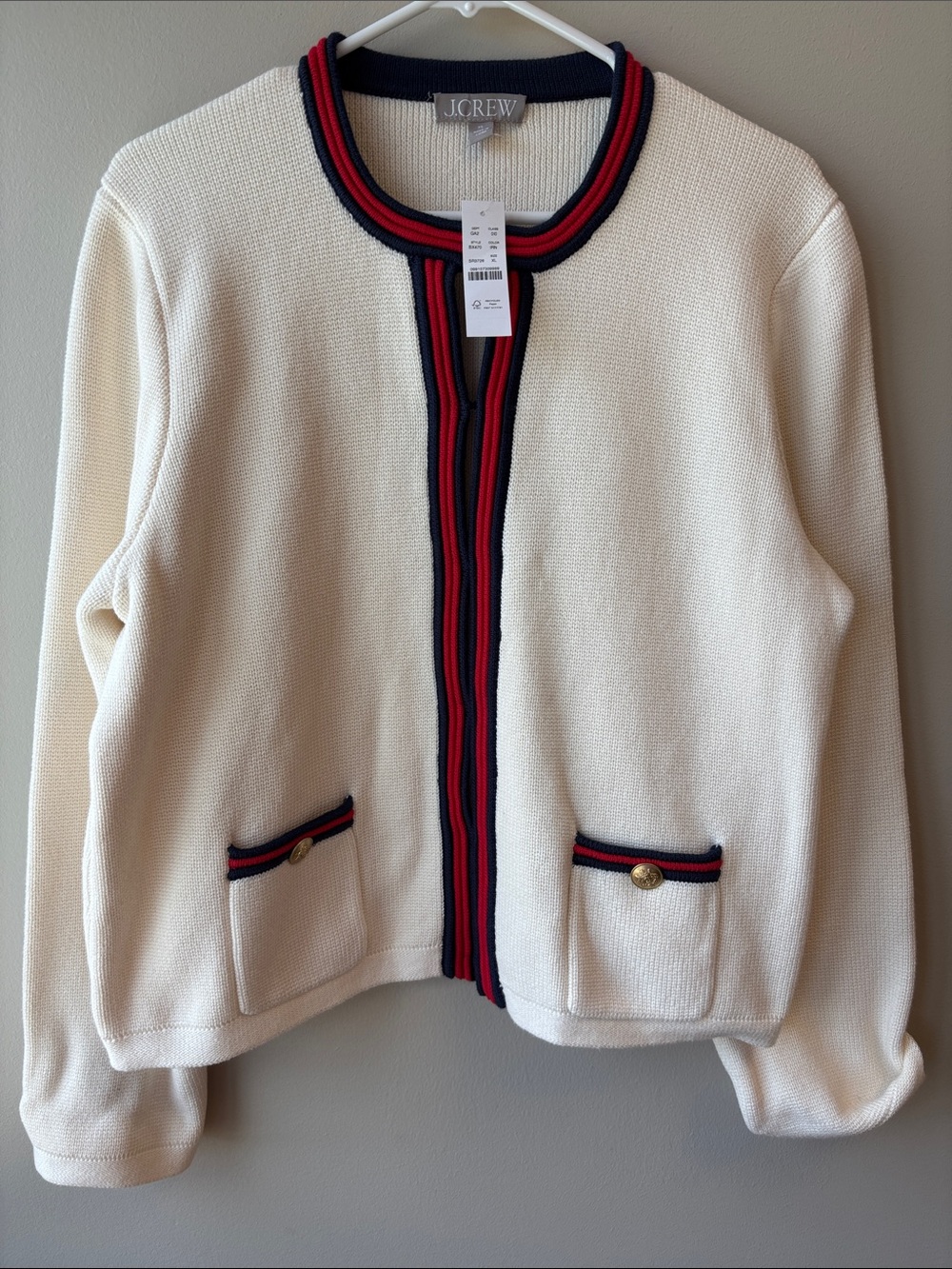 J. Crew Cream Knit Cardigan with Navy & Red Trim - Picture 5 of 5
